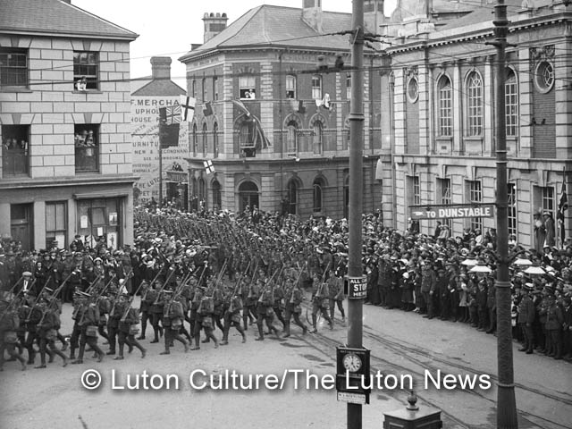 5th Batallion Bedfordshire Regiment march into Luton town centre