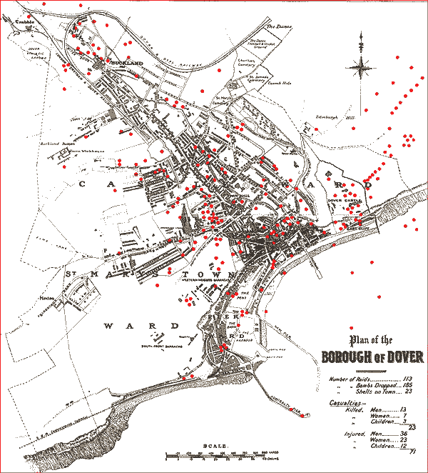 Map of bomb damage to Dover WW1