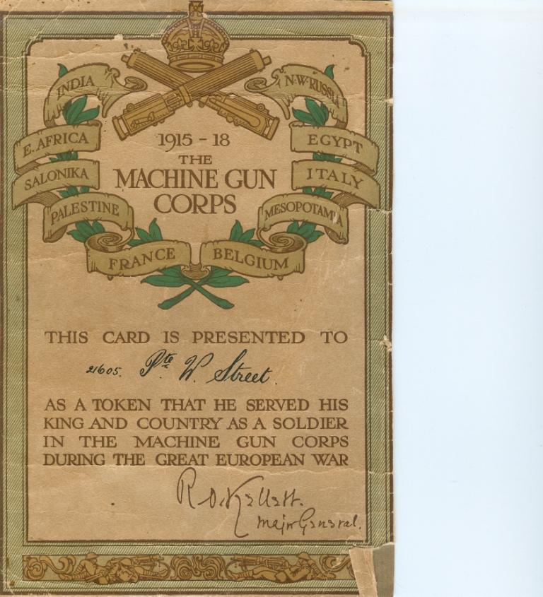 Certificate awarded to those who served with the Machine Gun Corps