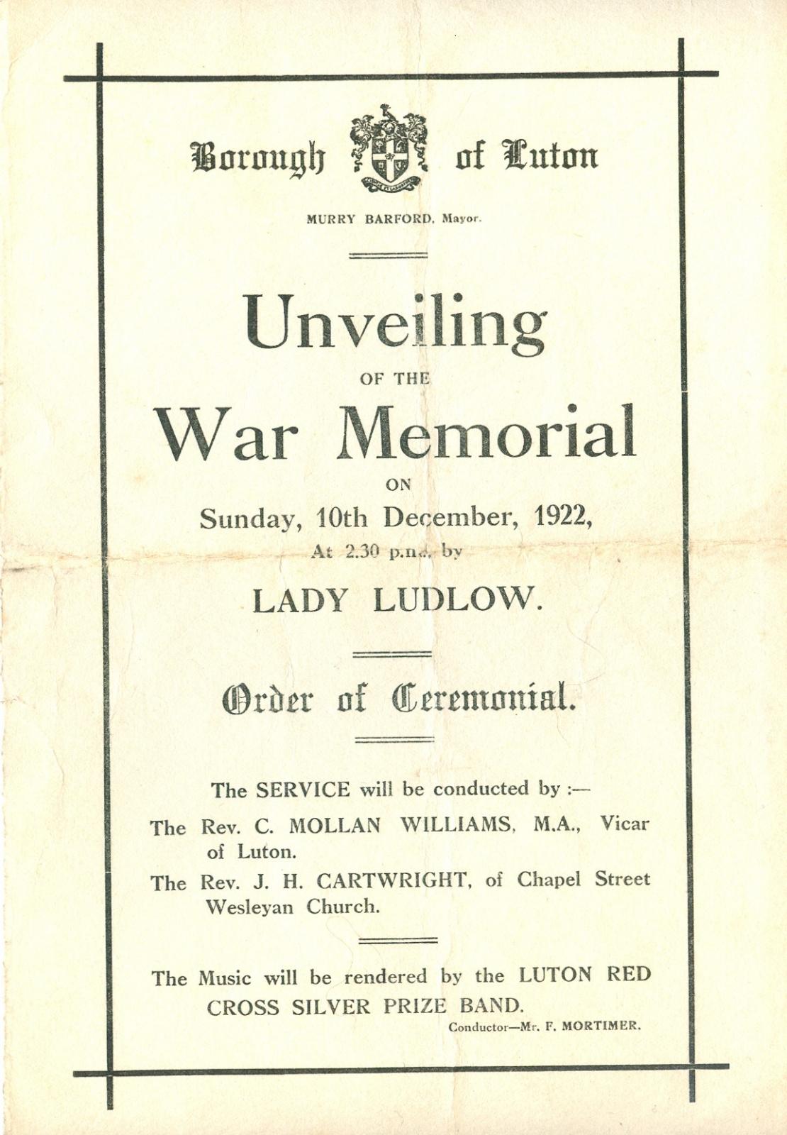 Front cover of programme for unveiling of Luton war memorial