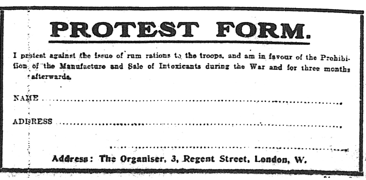 Protest slip to agree to support alcohol prohibition for troops