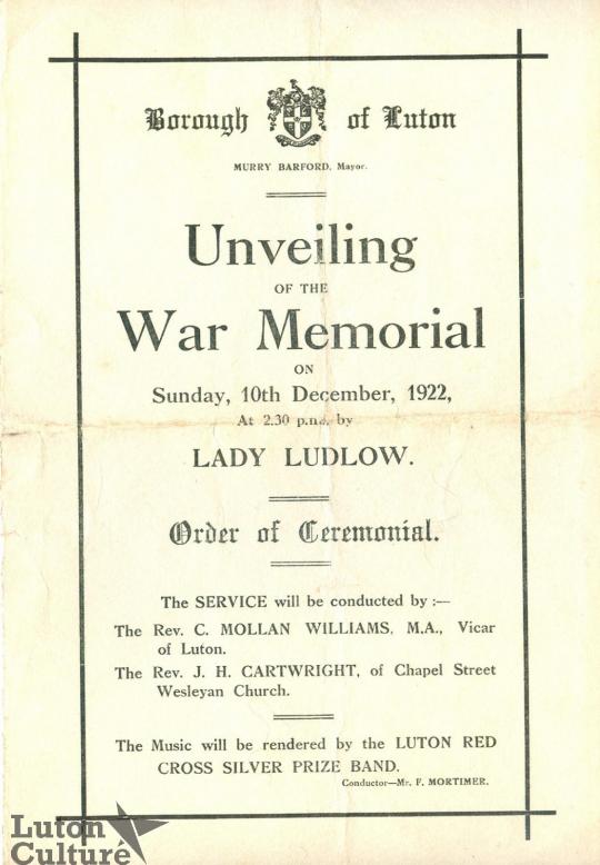 Front cover of programme for unveiling of Luton war memorial